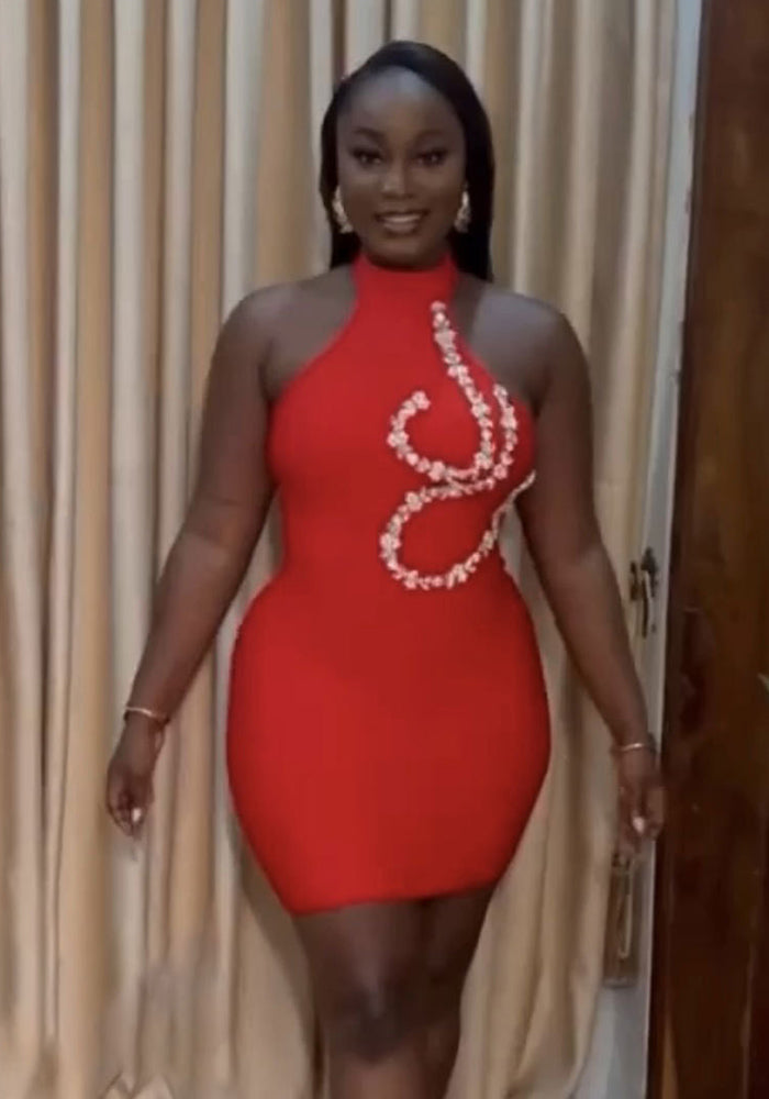 Solid color Halter Neck diamond Low Back Bodycon evening dress for women