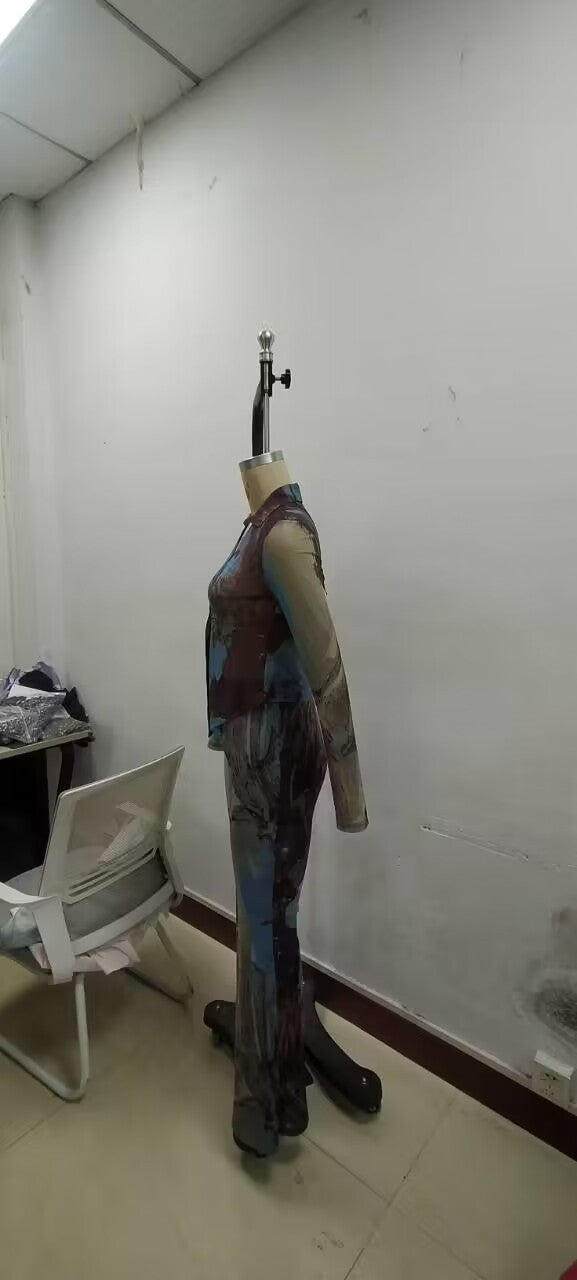 Women Sexy Button Printed Mesh Top and Bell Bottom Pants Two-Piece Set 10