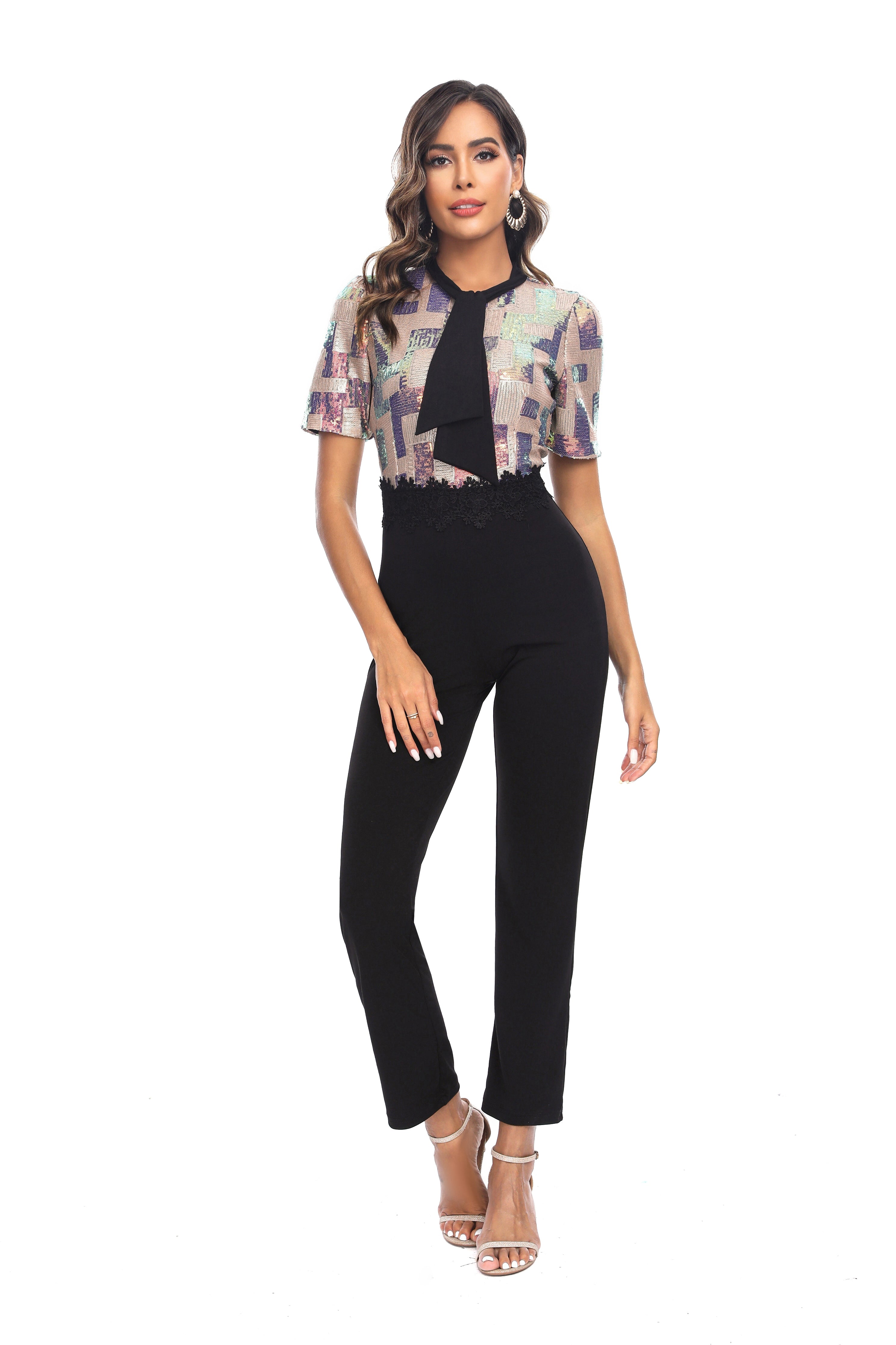 sexy plaid sequins patchwork short sleeve forma jumpsuit