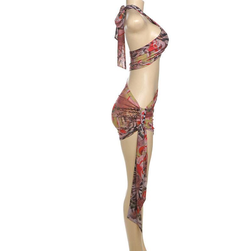 Summer Print Sexy Halter Sleeveless Hollow Bodycon Dress 7