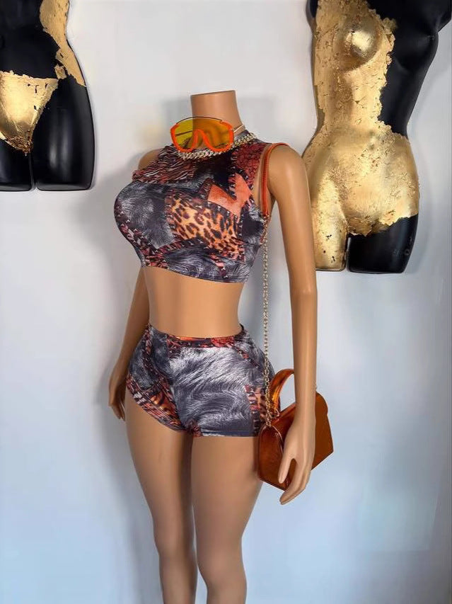 Women Sexy Print Sleeveless Top and Shorts Two-piece Set 3
