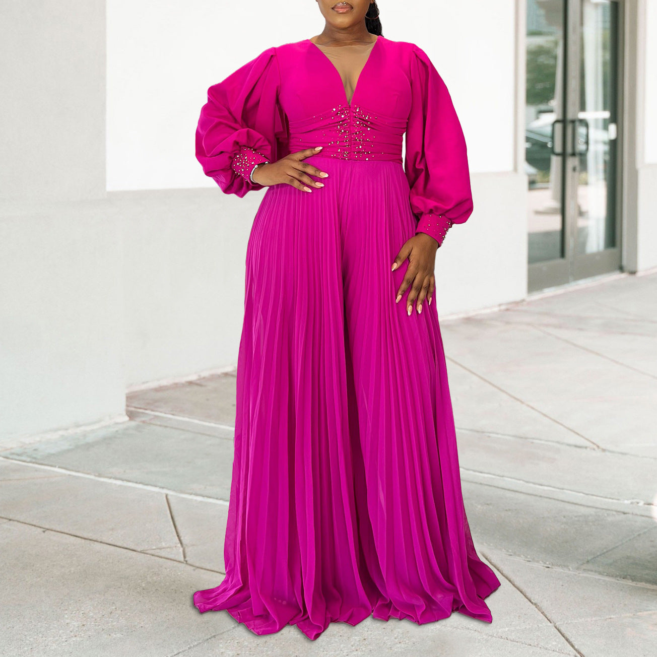 Plus Size Women's Autumn And Winter Long Sleeve Beaded Sexy Wide Leg Pleated Africa Jumpsuit 5