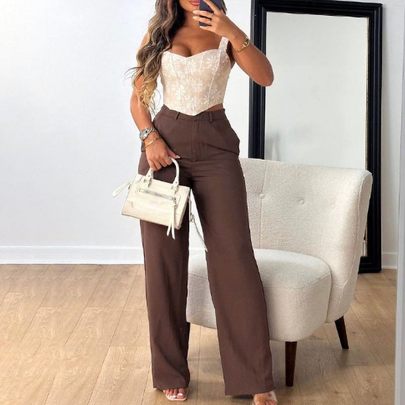 Autumn  Women Chic Career Straight Pants Versatile Fashion Wide Leg Casual Pants 3