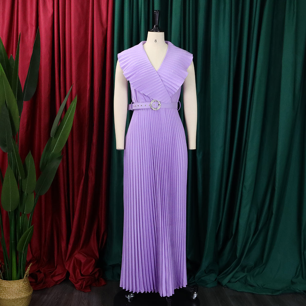 Women Summer Sexy Ruffled Pleated Maxi Dress with Belt 27