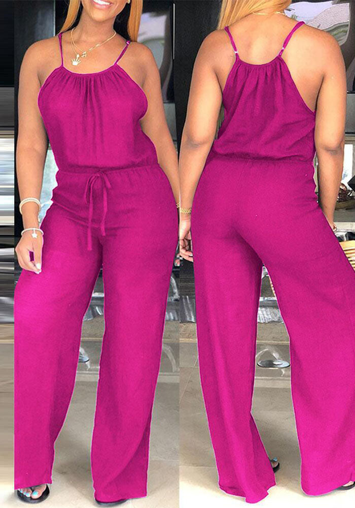 Solid Color Linen Drawstring Casual Jumpsuit