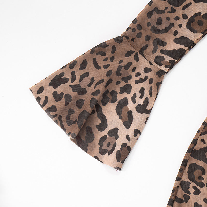 Women's Spring-Summer Leopard Mesh Bell Sleeve See-Through Jumpsuit 13