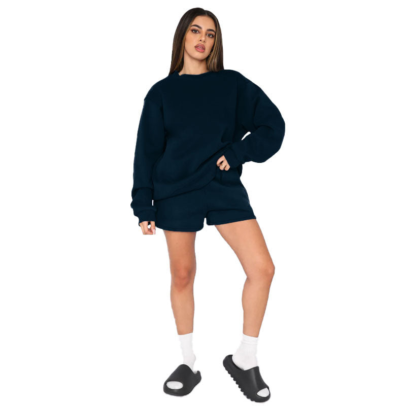 Fall Winter Solid Color Round Neck Pullover Long Sleeve Hoodies Women's Fashion Casual Shorts Two Piece Set 9