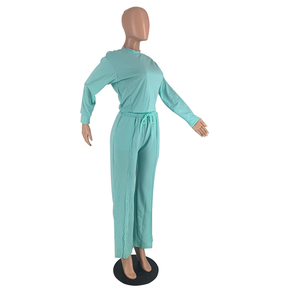 Solid Color Long Sleeve Pocket Straight Pants 2 Piece Set 45