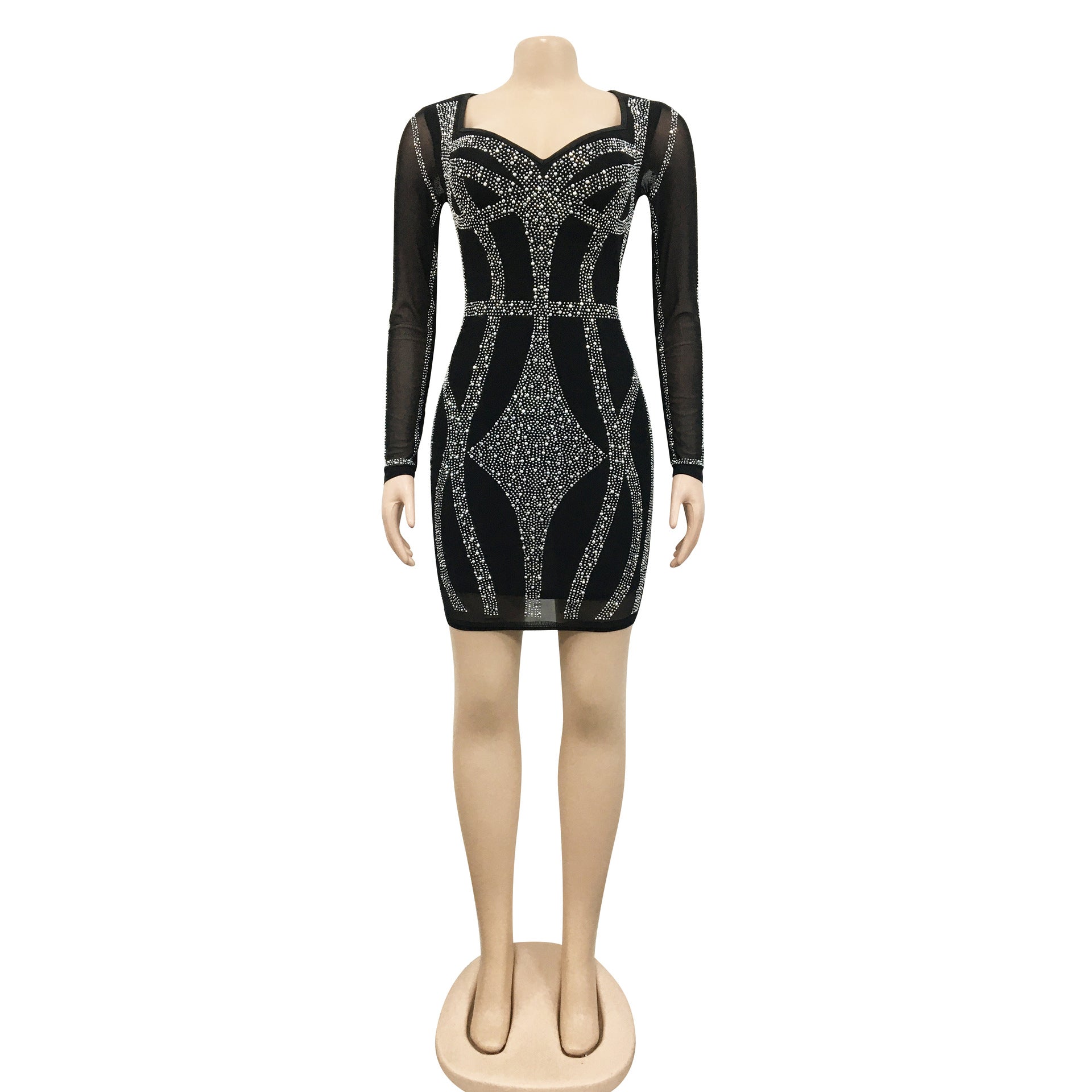 Fashion Nightclub Beaded Mesh See-Through Long Sleeve Bodycon Midi Dress 7