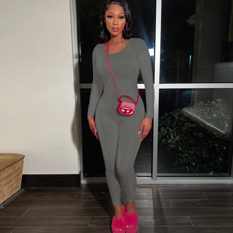 Women's Low Back Solid Color Long Sleeve Jumpsuit Fall Slim Sports Basic Overall Pants 6