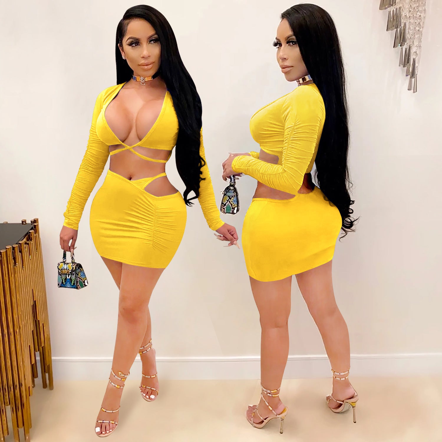 Women Sexy Long-Sleeved Solid Top and Skirt Two-Piece Set