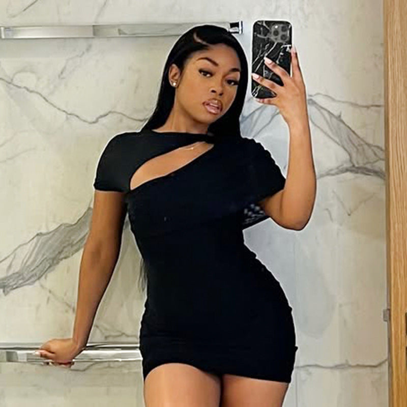 Women's spring and summer Off Shoulder irregular hollow Patchwork Bodycon Dress 11