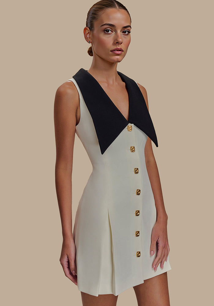 Turndown Collar Metal Button Sleeveless Chic Slim Waist Mini Dress