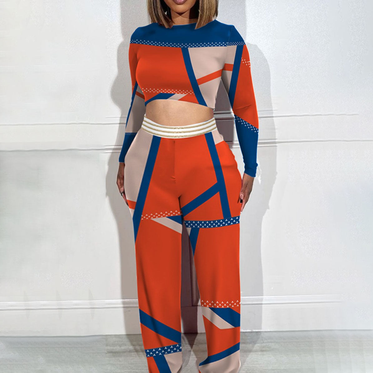 Women Printed Color Block Crop Top and Wide Leg Pants Two Piece Set 9