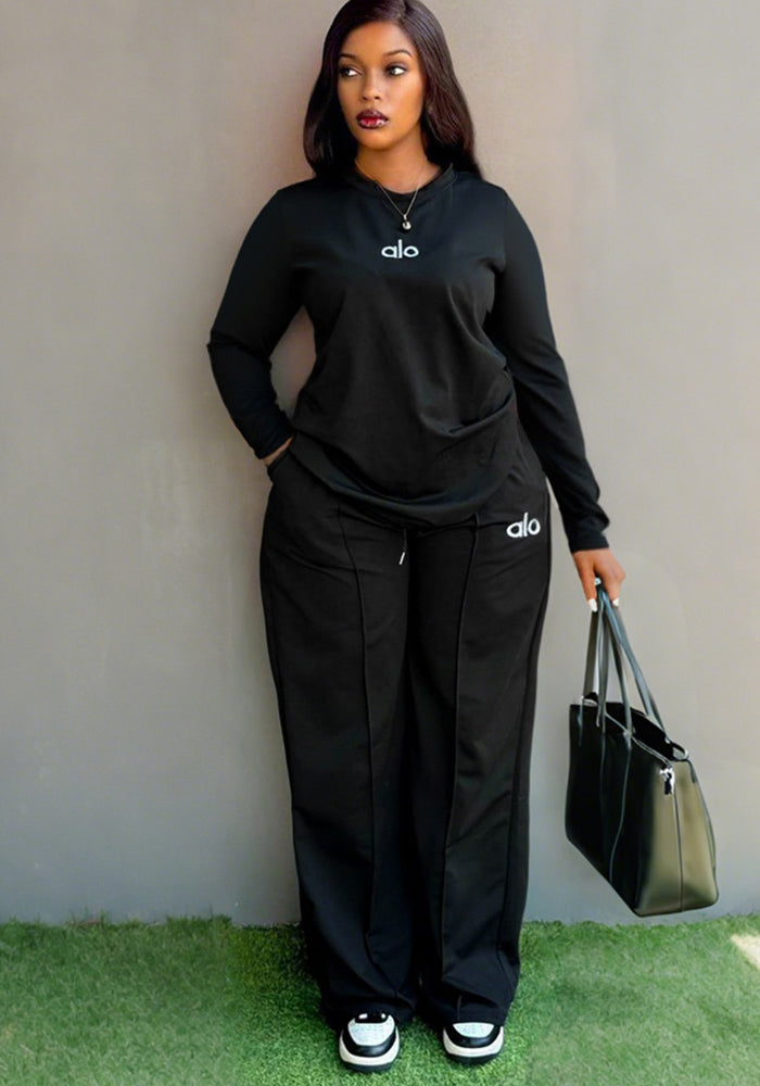 Women Fall/Winter Casual Long-Sleeved Top and Wide-Leg Pants Two-Piece Set