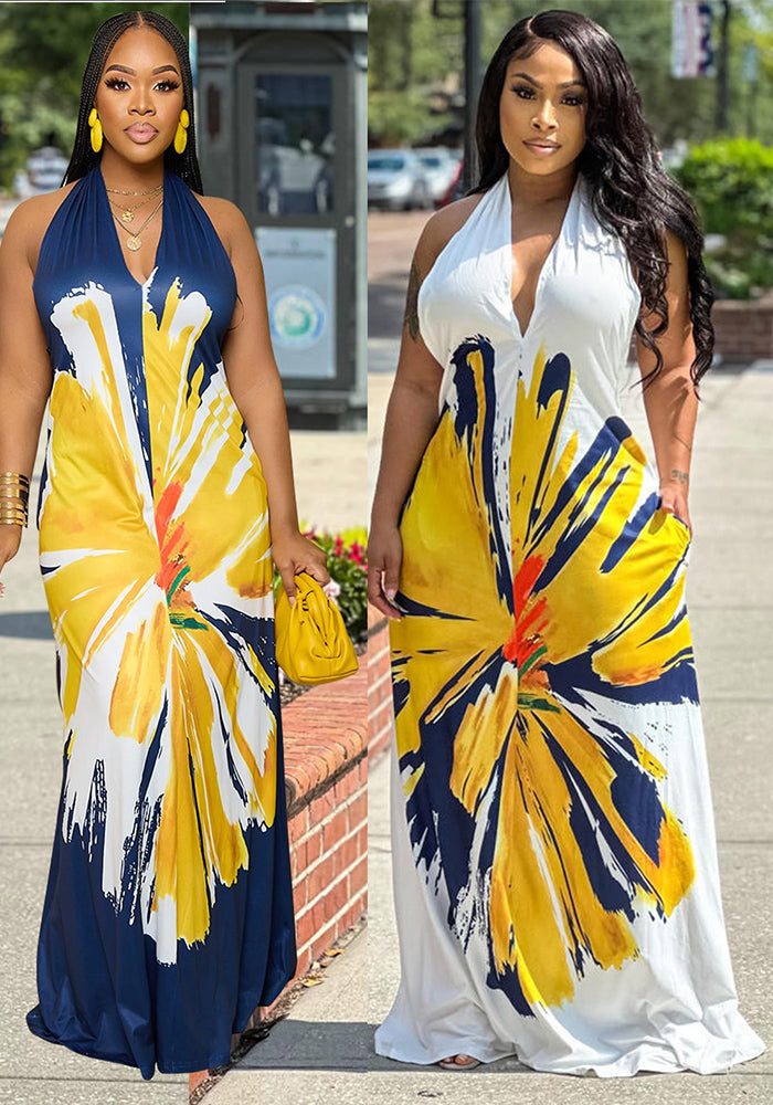 Women's Fashion Low Back Halter Neck Gown Print Maxi Dress
