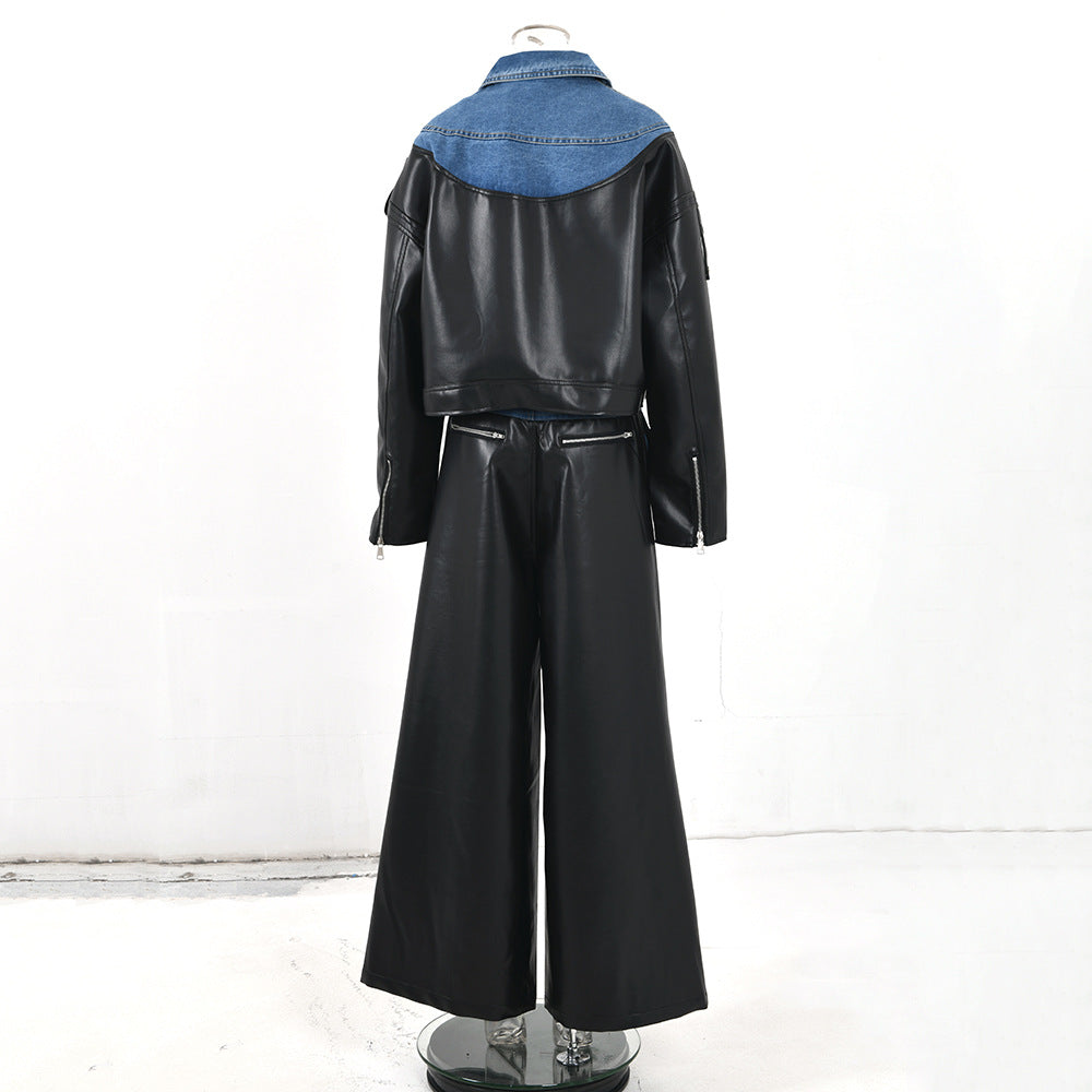 Autumn And Winter New Denim Patchwork Pu Jacket + Super Wide-Leg Pants Two-Piece Set 5
