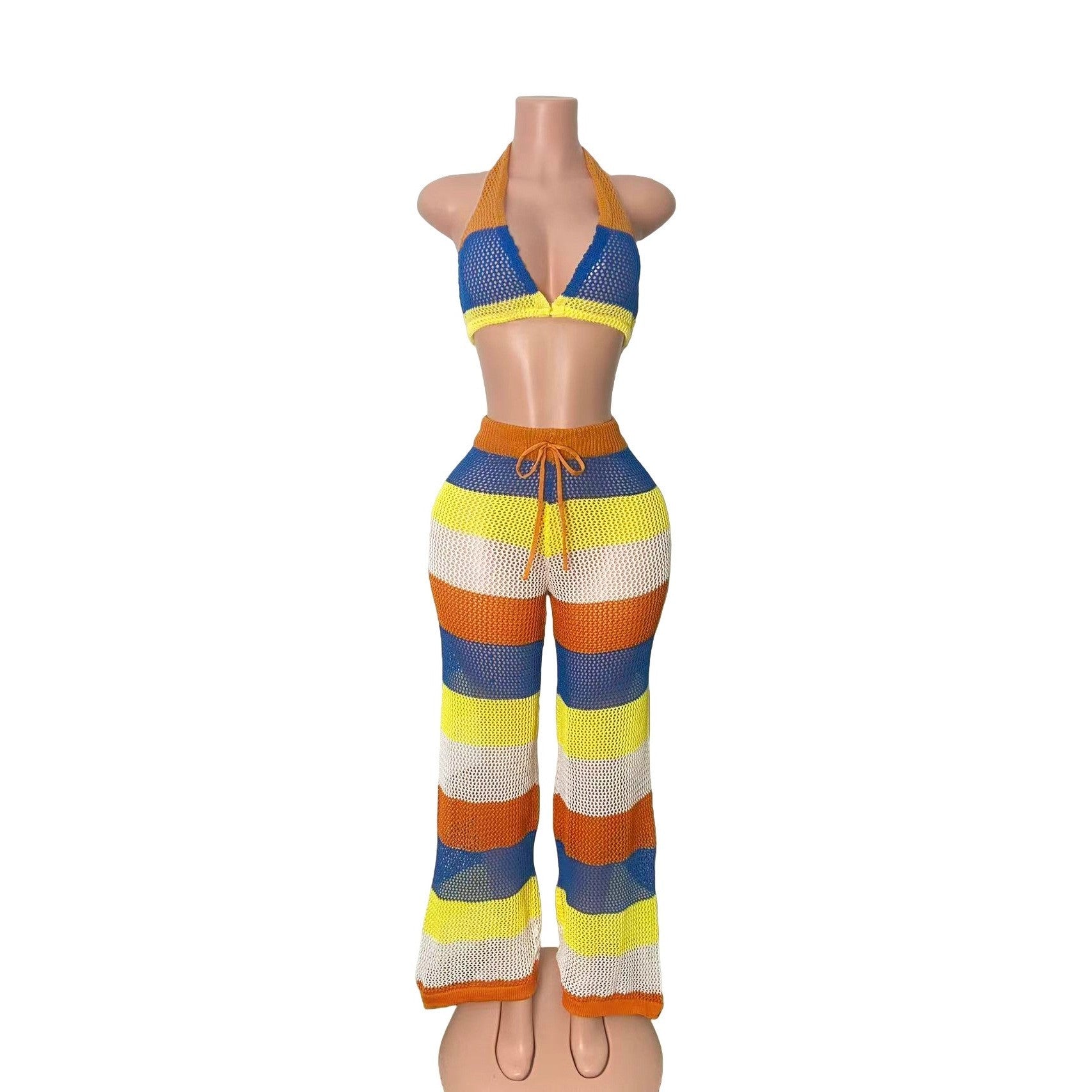 Women multi-color striped halter neck backless top and knitting pant, sexy see-through mesh two-piece set. 9