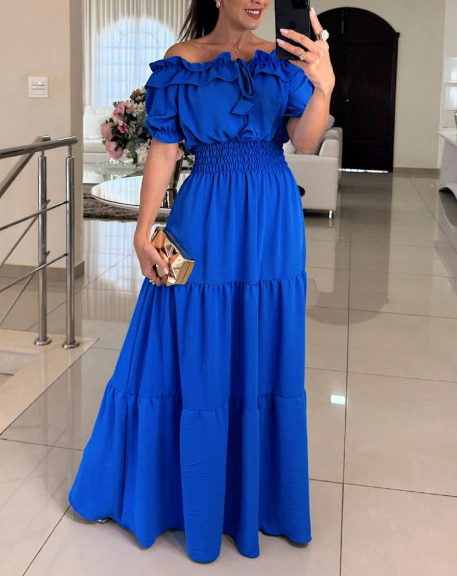 Fashionable Women's Solid Color Tie Ruffle Off-Shoulder Puff Sleeve Maxi Dress 4