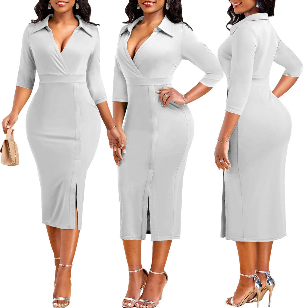 Women Solid Lapel Slit Half Sleeve Dress 4