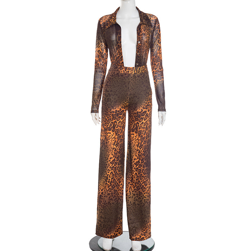 Women Autumn/Winter Leopard Print Mesh Turndown Collar Button Top and Bell Bottom Two-Piece Set 11