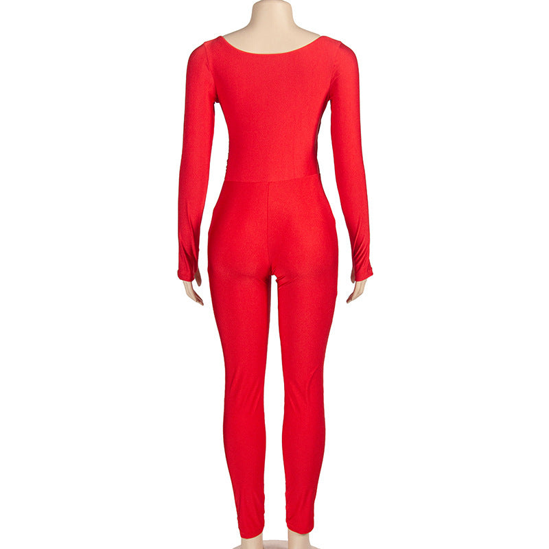 Women Autumn SolidV Neck Long Sleeve Sexy Jumpsuit 10