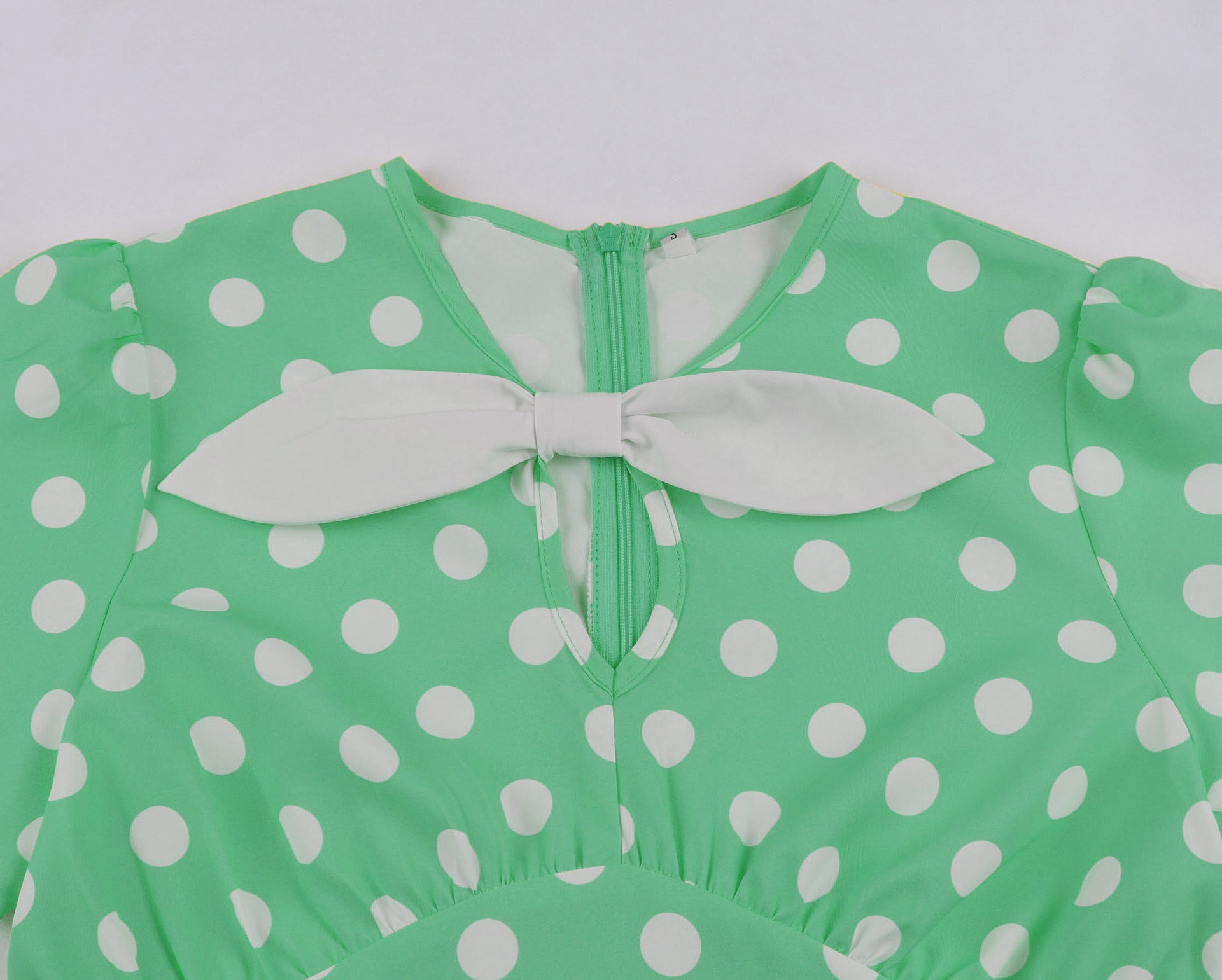 Women Round Neck Bow Tie Polka Dot Short Sleeve Dress 30