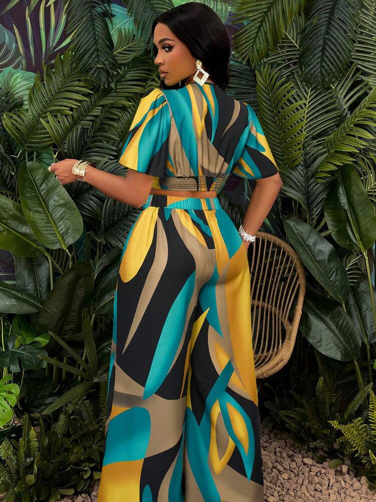 Women Tropical Print Pleated Butterfly Sleeve Top and Lace-up Wide-leg Pants Two-piece Set 7