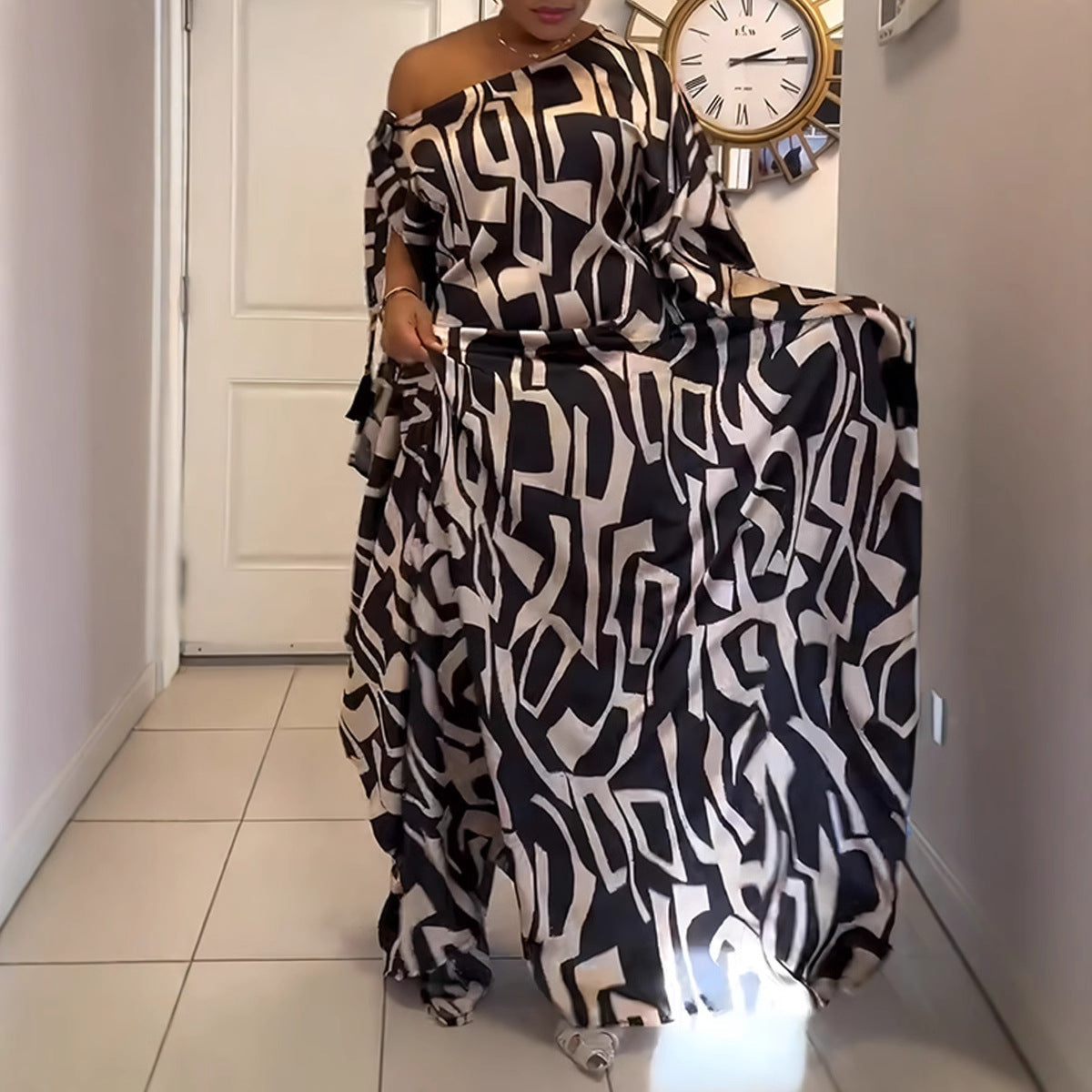 Women Print Lace-Up Slash Shoulder Dress 5