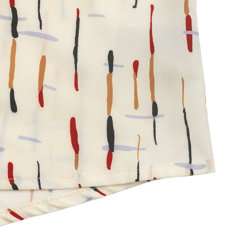 Women Summer Contrast Turndown Collar Line Print Shirt 11