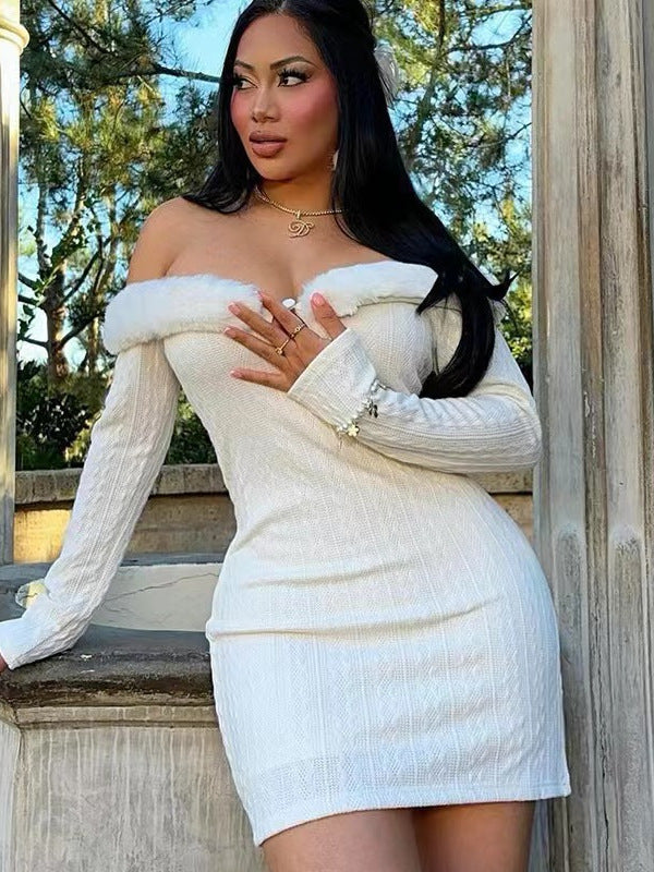 Women Sexy Off Shoulder Long Sleeve Patchwork Button Hollow Dress