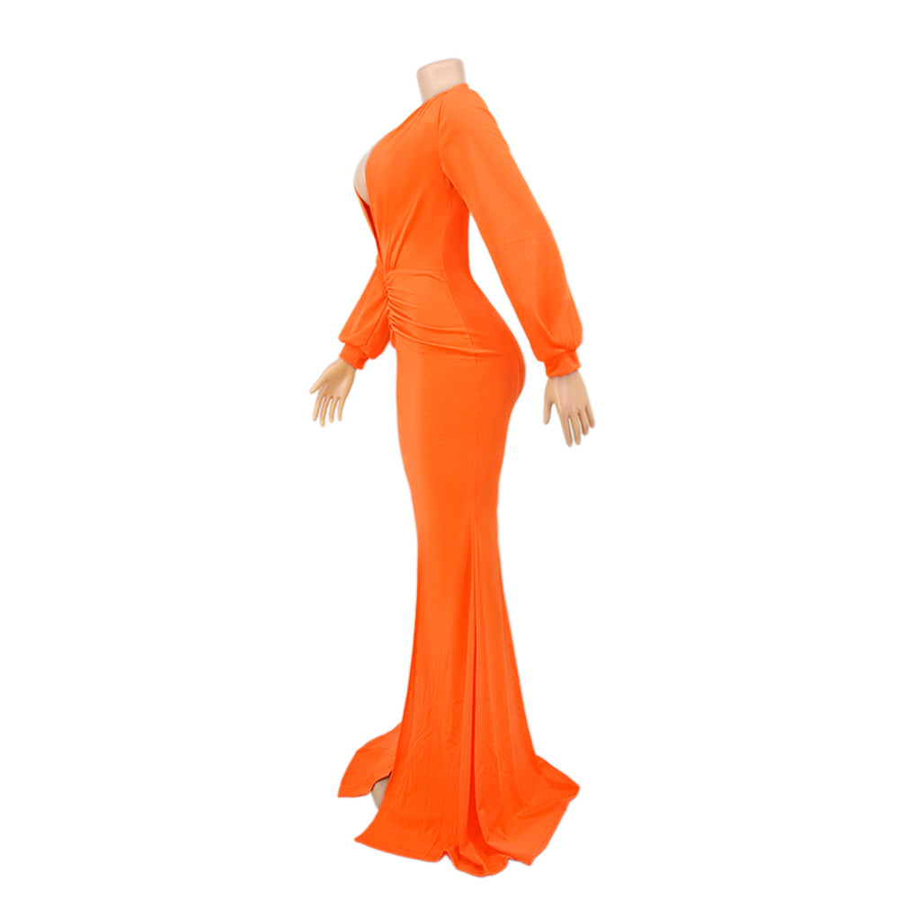 Spring Long Sleeve Deep-V Front Slit Mermaid Orange Evening Dress 4