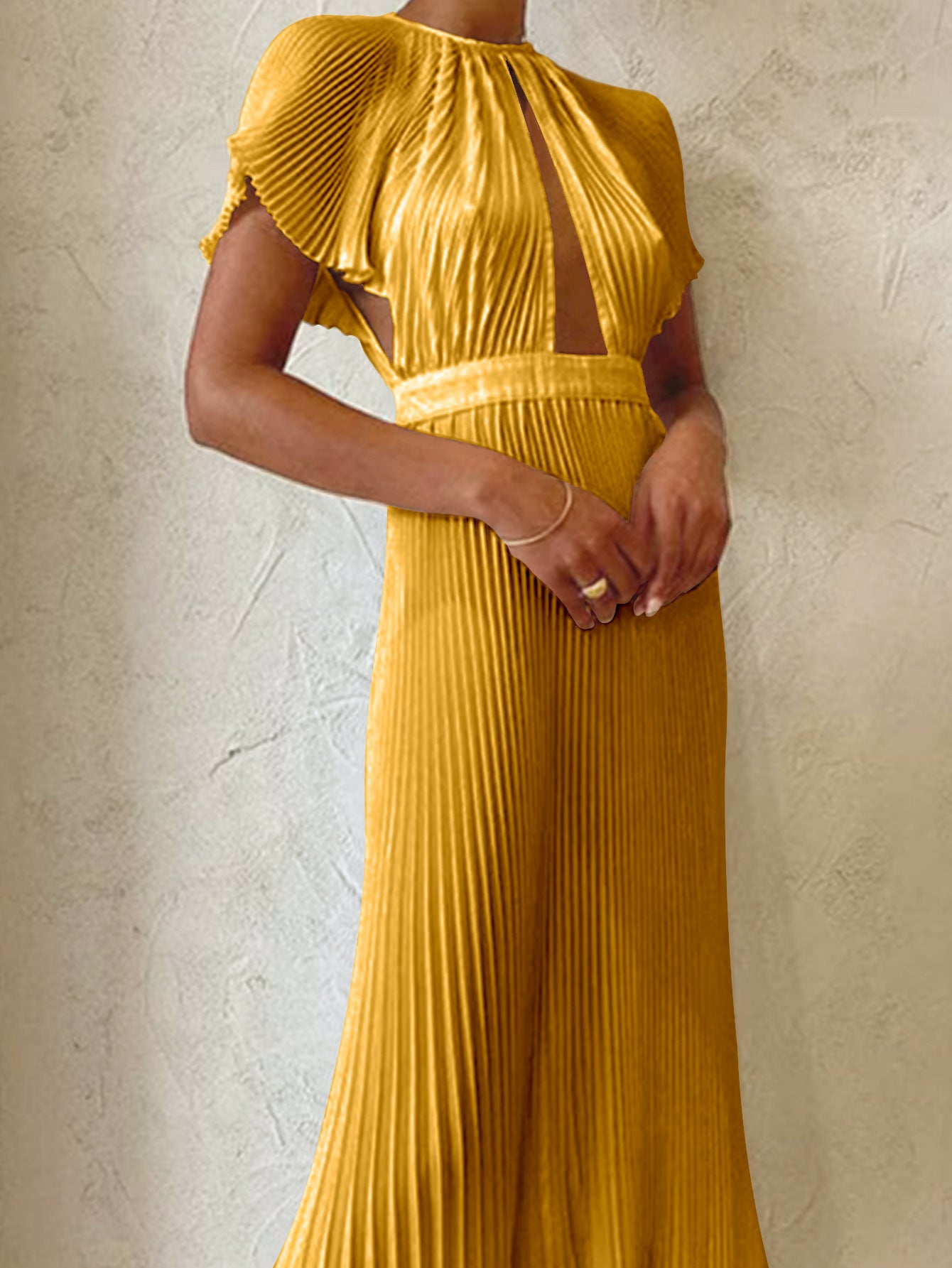 Fashion Round Neck Solid Color Ruffle Sleeve Pleated Formal Party Women's Evening Dress 4