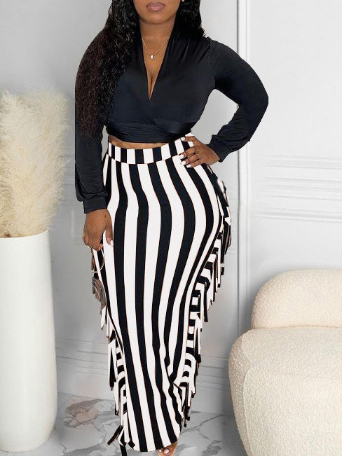 Women Autumn and Winter Top and Lace-Up Tassel Skirt Two-piece Set 7