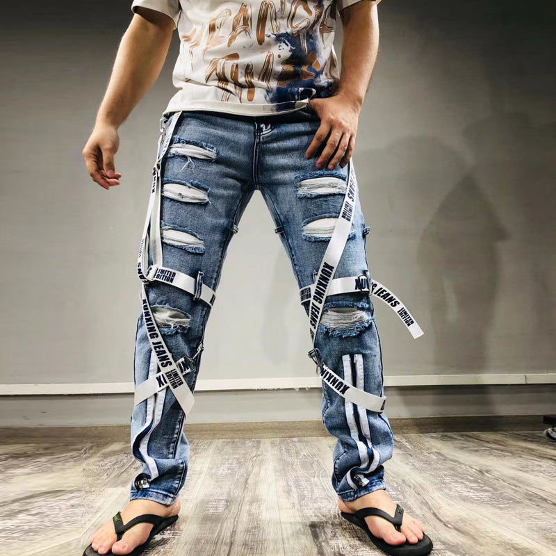 Men's Trendy Patch Webbing Ripped Zipper Denim Pants