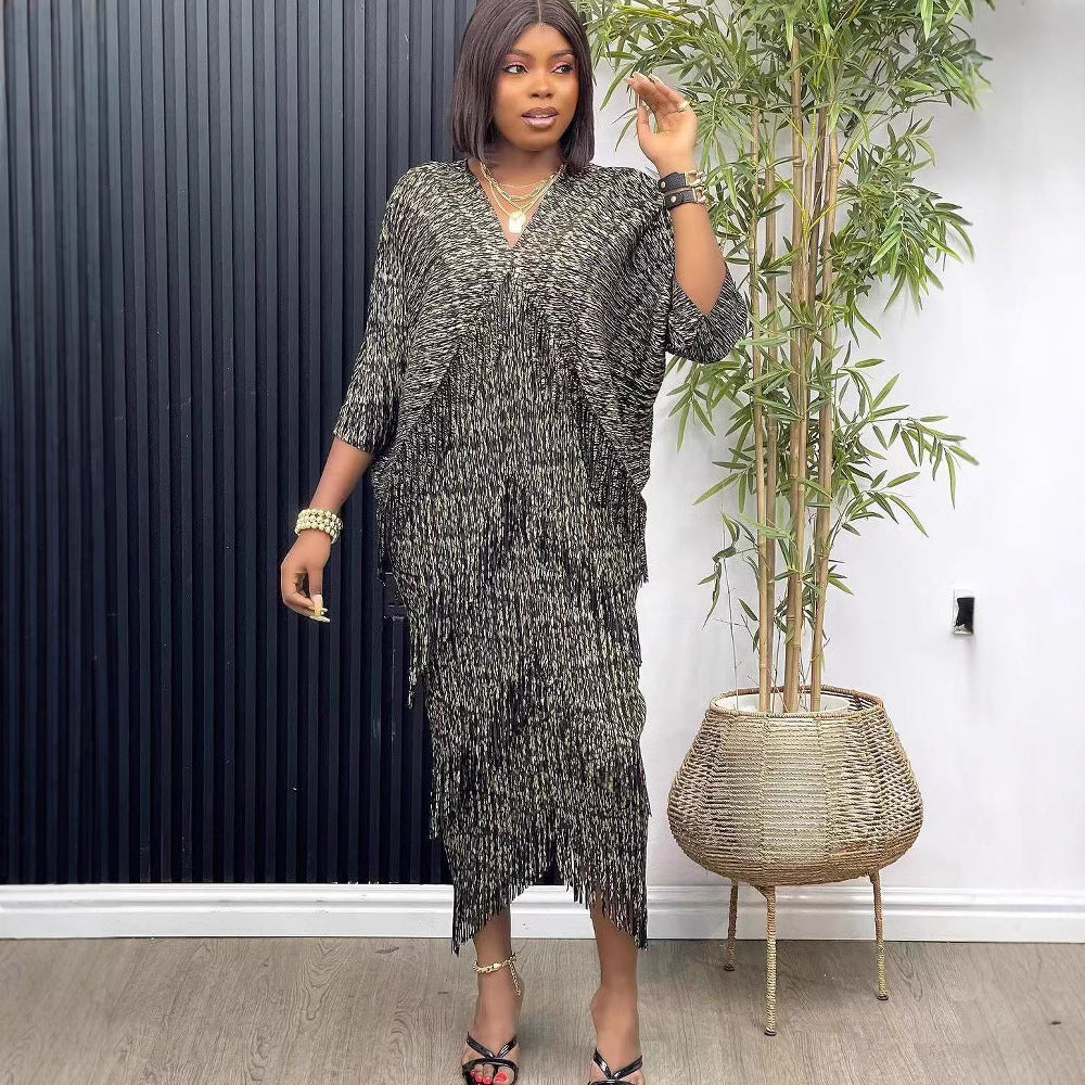 Plus Size African Women v-neck Bat Sleeves Shiny tassel elegant dress 3