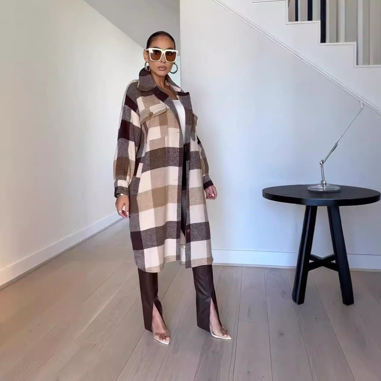 Women Plaid Long Sleeve Long Jacket