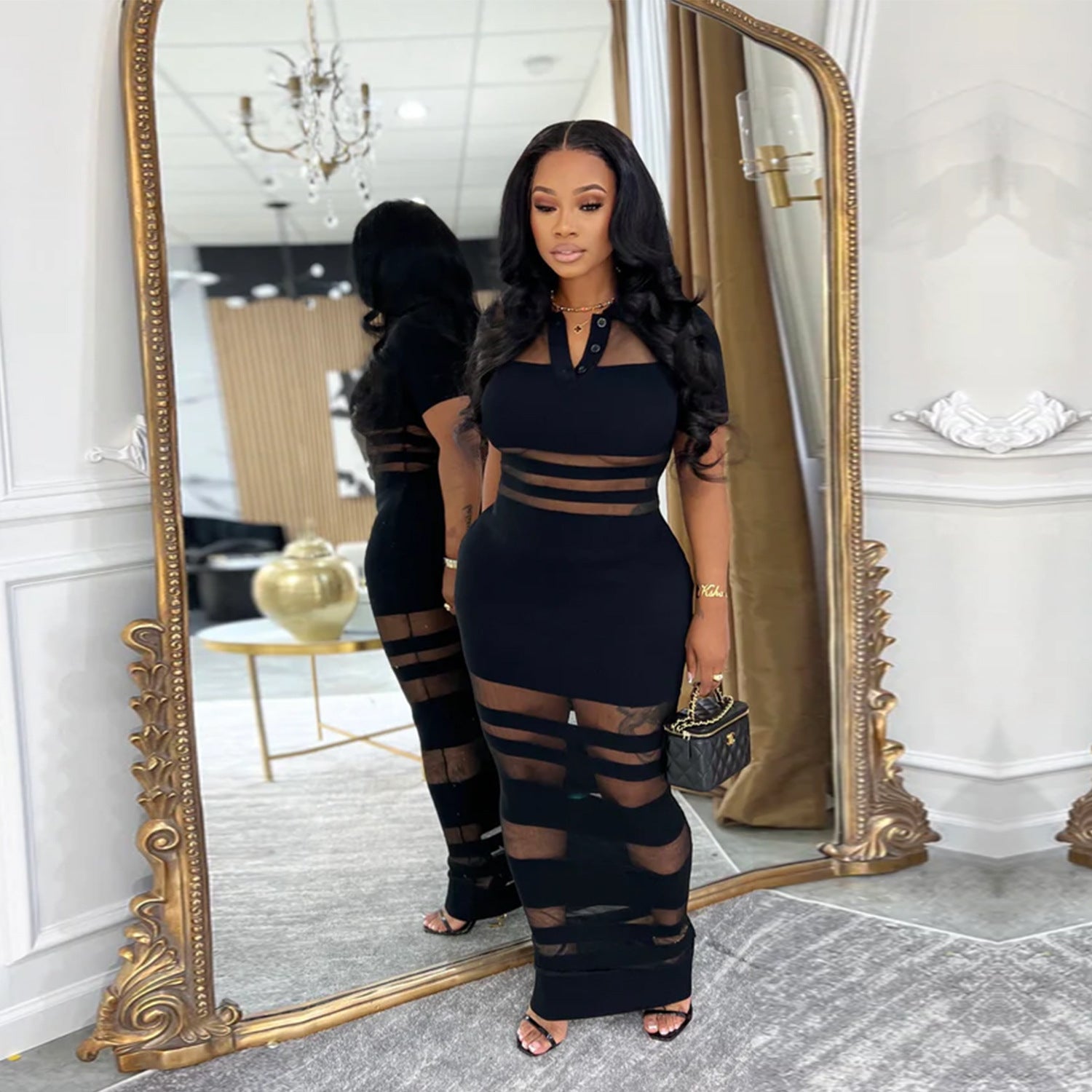 Fashion Women's Sexy See-Through Mesh Patchwork Bodycon Dress