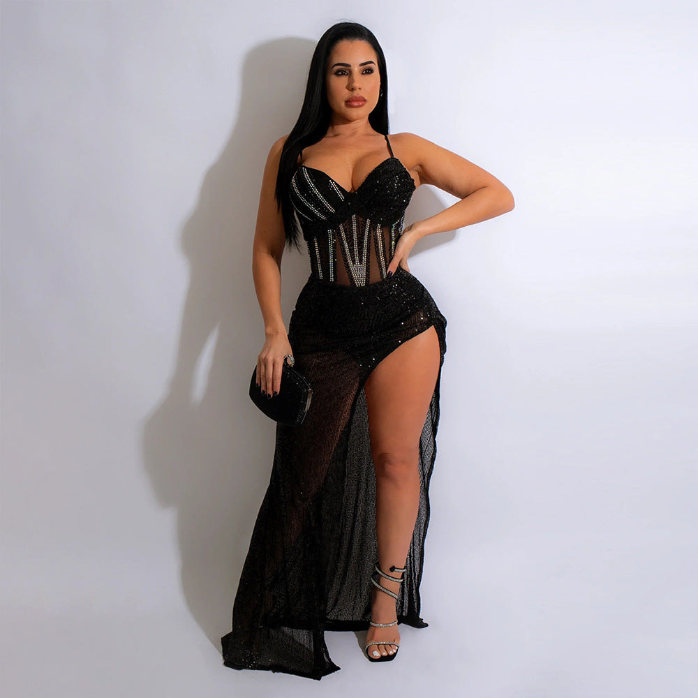 Women Fashion Sexy V Neck Straps Sequins Beaded Slit Evening Dress 4