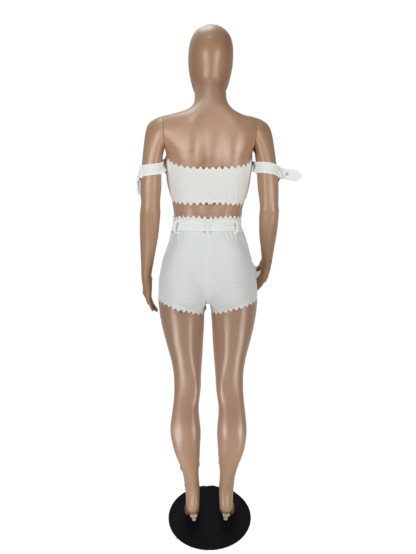 Women's Solid Color Off Shoulder Ribbed Crop Two-Piece Shorts Set with Belt 16