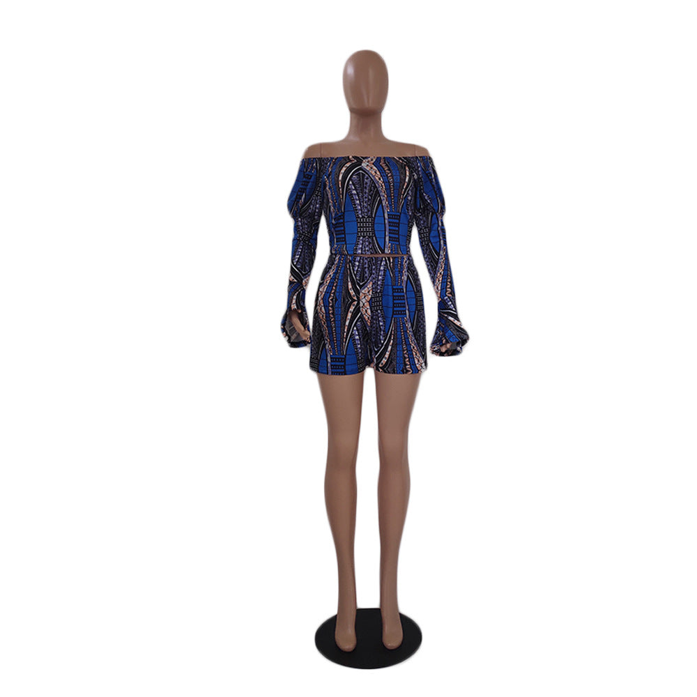 Summer Sexy Blue Long Sleeve Printed Fashion Casual Shorts Set 6