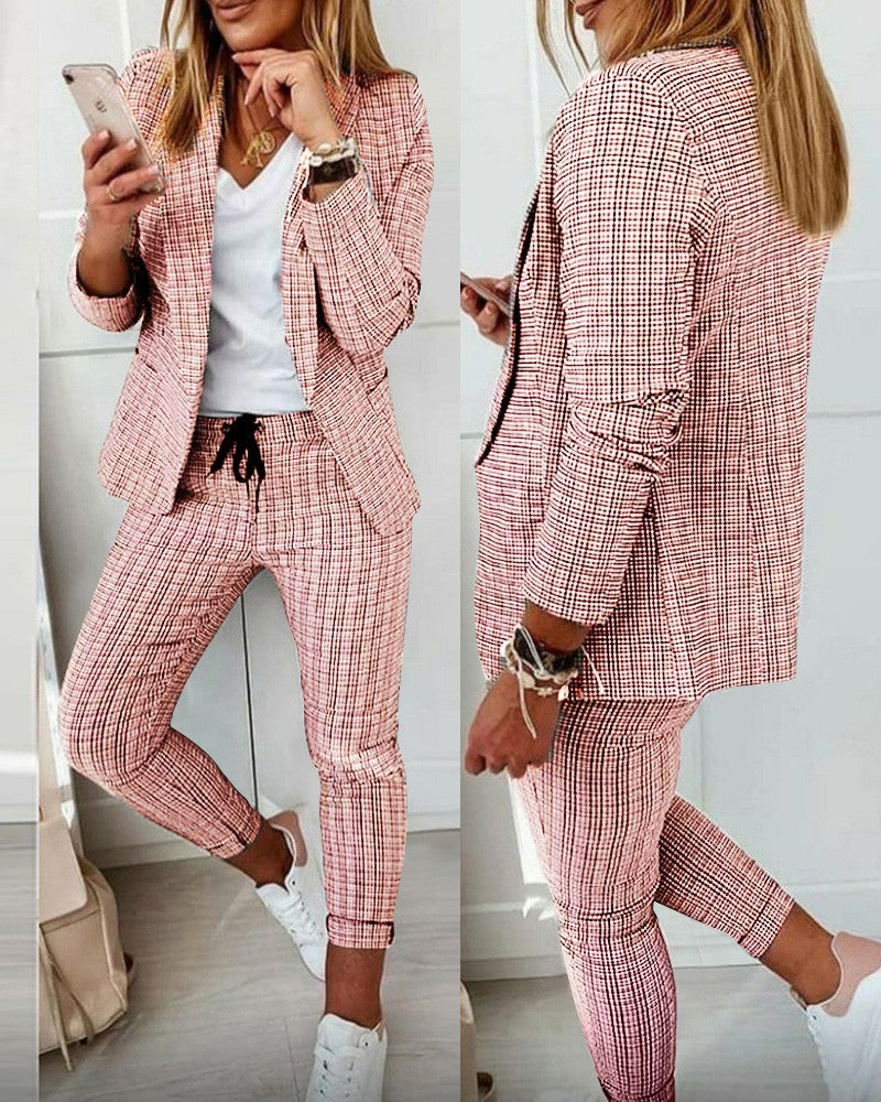 Casual Fashion Suit Women's Plaid Blazer and Pants Suit 11