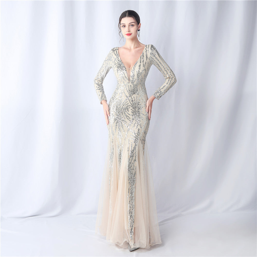 Women mesh sequin wedding dinner long-sleeved evening dress 25