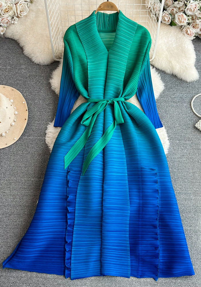 Women Pleated Long Sleeve Turndown Collar Lace-up Gradient Dress