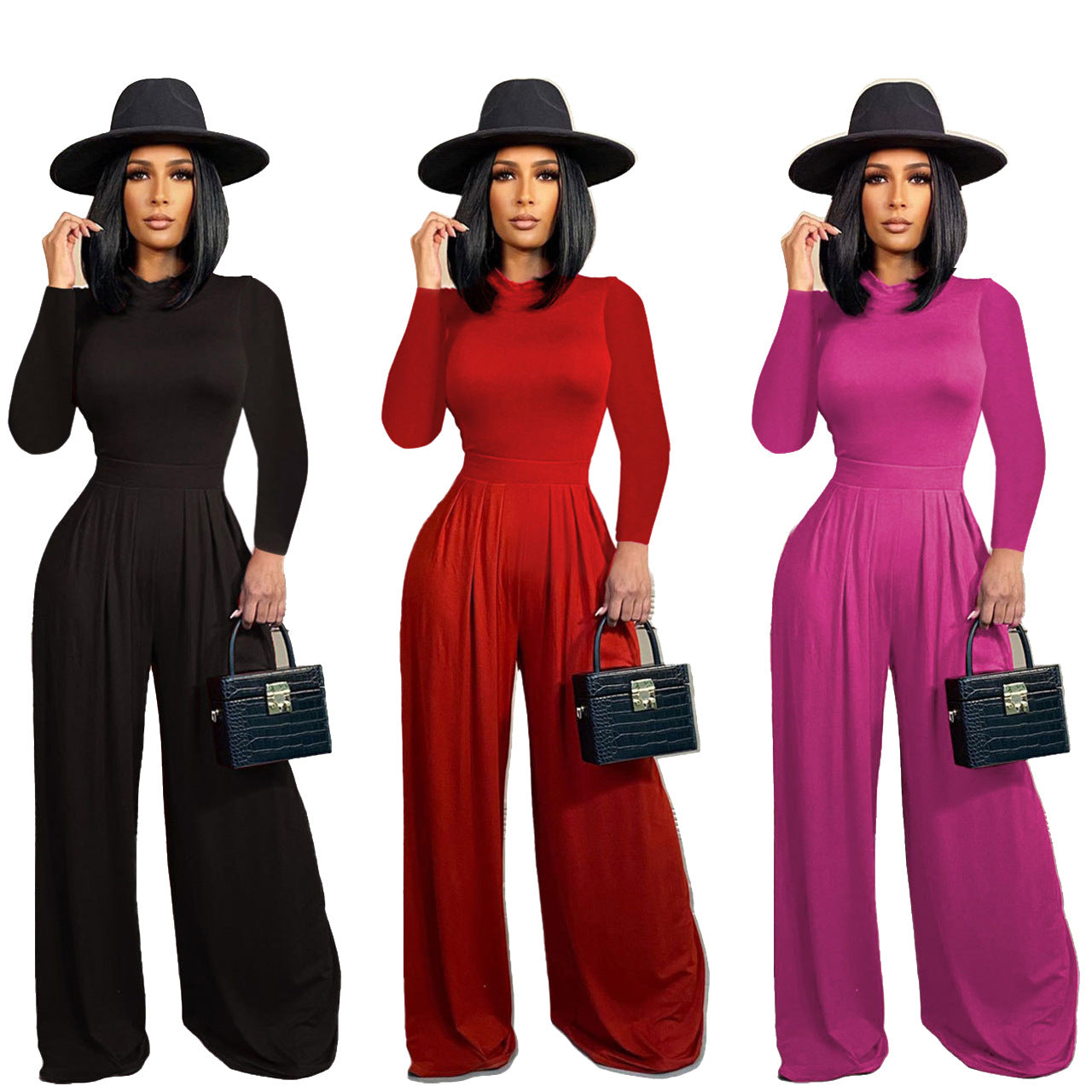 Women'S Fashion Solid Color Long Sleeve Bodysuit + Wide Leg Pants Two Piece Set 9