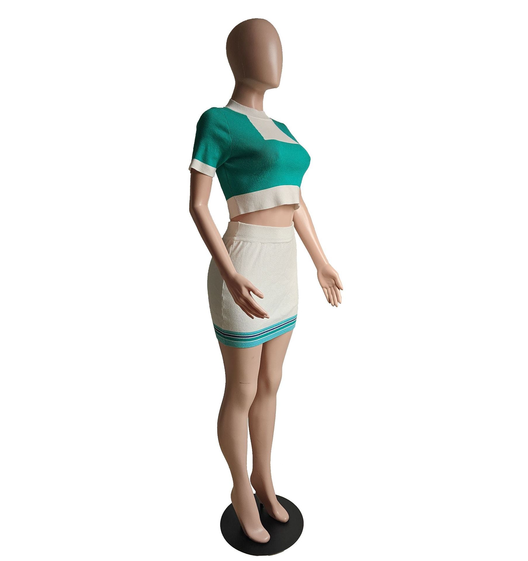 Women Spring Sexy Contrast Knitting Top and Skirt Two-Piece Set 7