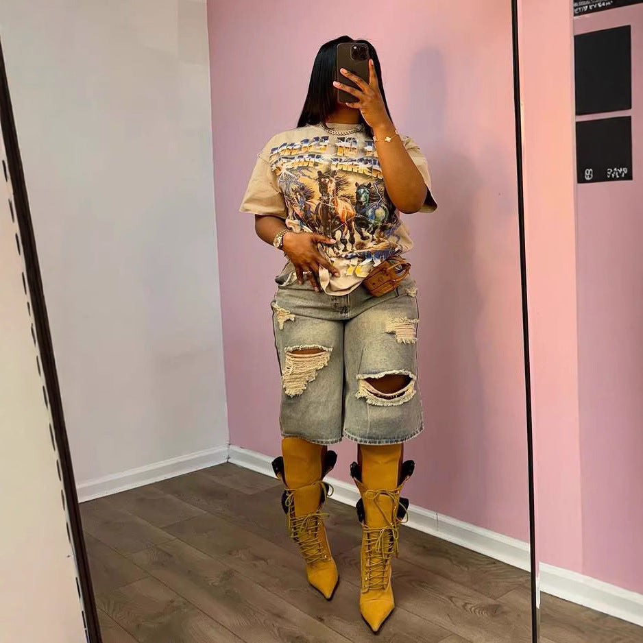 Summer High-Waist Loose Distressed Ripped Denim Straight/Wide-Leg Pants 5