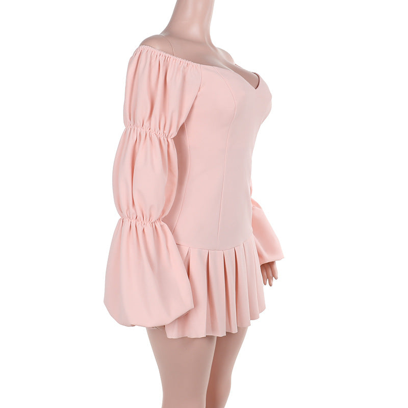 Women autumn sexy Off Shoulder lantern sleeve pleated dress 7