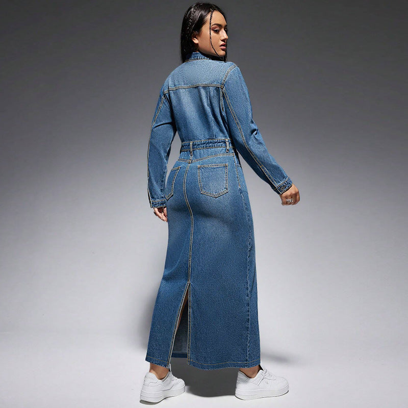 Women's Long Sleeve Turndown Collar Denim Button Slit Long Dress 5