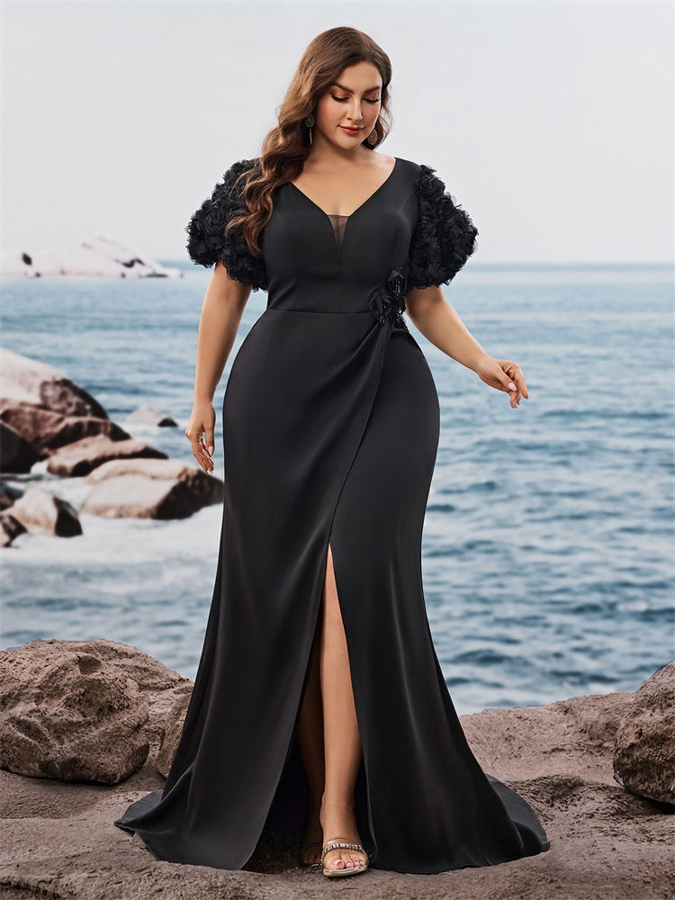Plus Size Puff Sleeve Evening Dress Formal Party Sexy Slit Chic Mermaid Long Dress 4